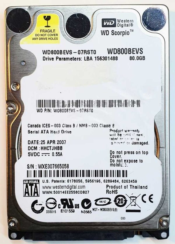 WD 800BEVS-07RST0 xxxTJxxx 25-APR-2007
