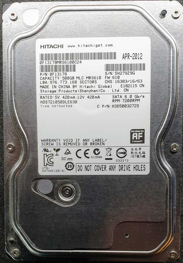 Hitachi HDS721050DLE630 5H279Z9G APR-2012