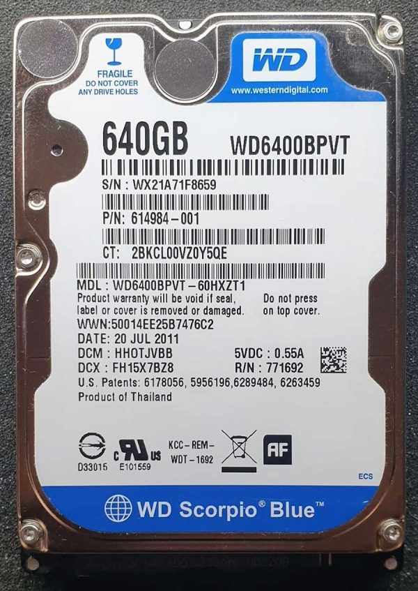 WD 6400BPVT-60HXZT1 xxxTJxxx 20-JUL-2011