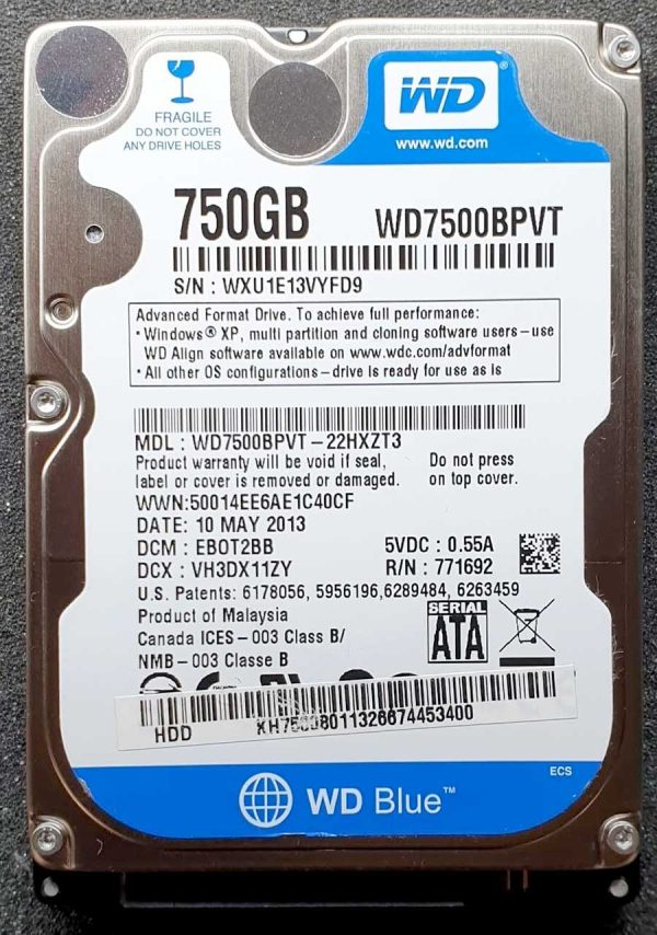WD 7500BPVT-22HXZT3 xxxT2xxx 10-MAY-2013
