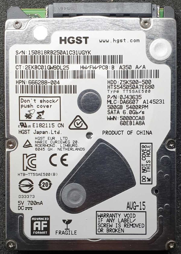 HGST HTS545050A7E680 DA6607 AUG-2015