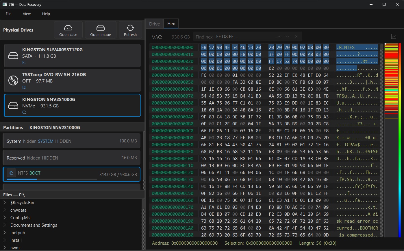 J16 — Disk list and HEX viewer